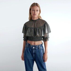 NWT Zara black metallic thread printed crop blouse, M
